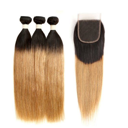 Straight Virgin Hair Bundles with Closure #1B/27